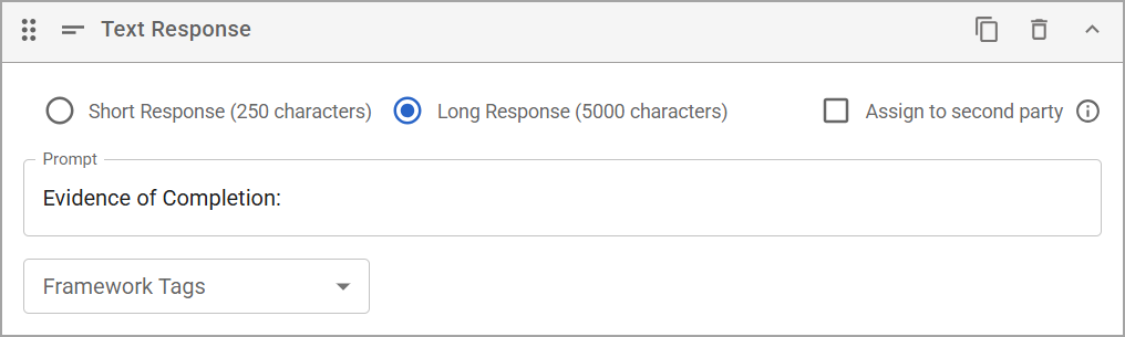 Text response interface for entering evidence of completion in a document.